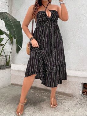 Boho Halter Midi Dress | Striped Print | Size 0XL (12) | Flowy Ruffle Hem